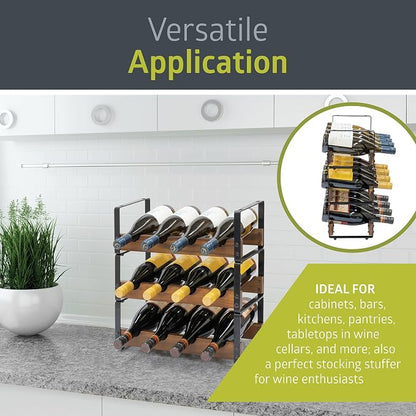 Pearington 12 Bottle Stackable Wine Rack, Rustic 3-Tier Solid Acacia Wood and - Image 4