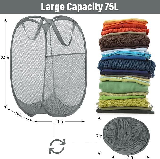 BATTOO 3 Pack Collapsible Laundry Basket Strong Mesh Pop Up Laundry Hamper - Image 3