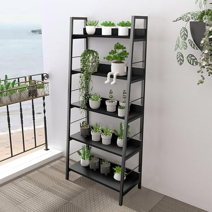Himimi Black Ladder Bookshelf, 5 Shelf Bookcase Industrial Bookshelf Wood and - Image 7