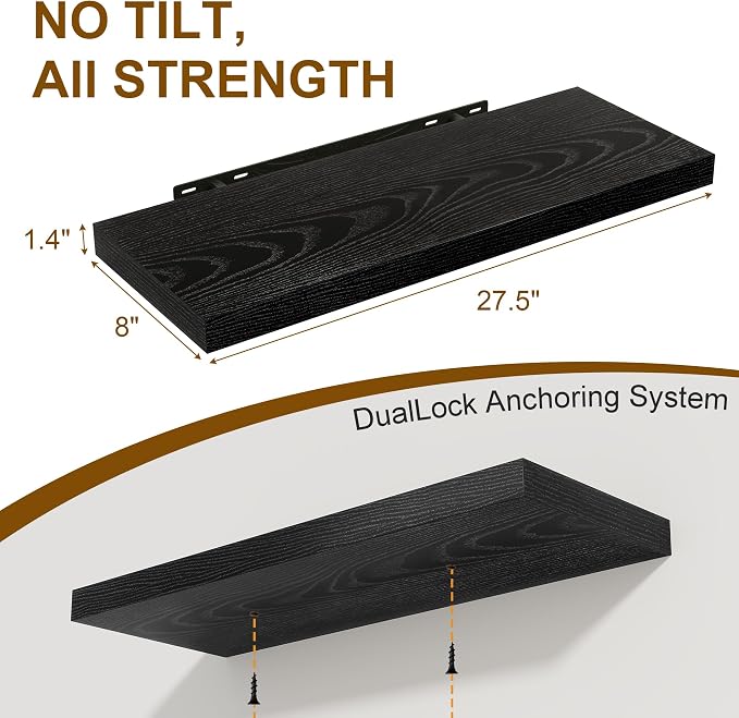 Black Floating Shelves for Wall, 27.5 Inch Bathroom Shelves Set of 2, Rustic - Image 3