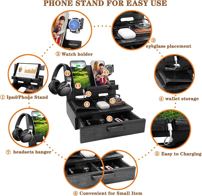 Gifts for Him Husband Boyfriend Son Men Nightstand Organizer Wood Phone Docking - Image 4