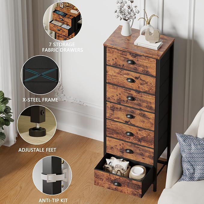 Furnulem Bedroom Dresser with 7 Drawers, Tall Industrial Fabric Chest of Drawers - Image 5