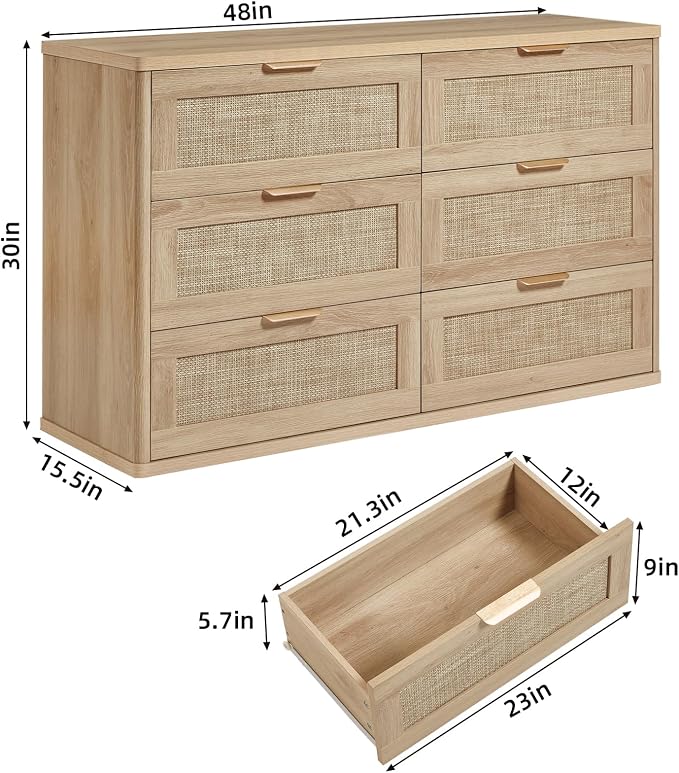 LEYAOYAO Rattan Dresser for Bedroom Set of 2, Boho 48" Wide 6 Drawer Dresser - Image 2