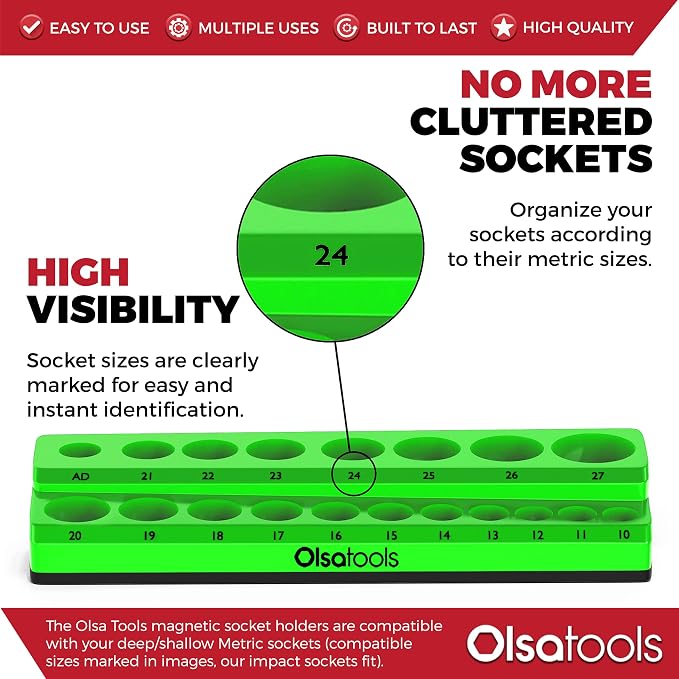 Olsa Tools Magnetic Socket Holder | 1/2-inch Drive | Metric | Green | Holds 19 - Image 2