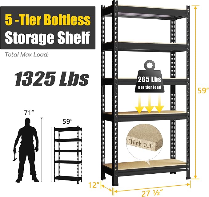PrimeZone Storage Shelves 5 Packs 5 Tier Adjustable Garage Storage Shelving - Image 3