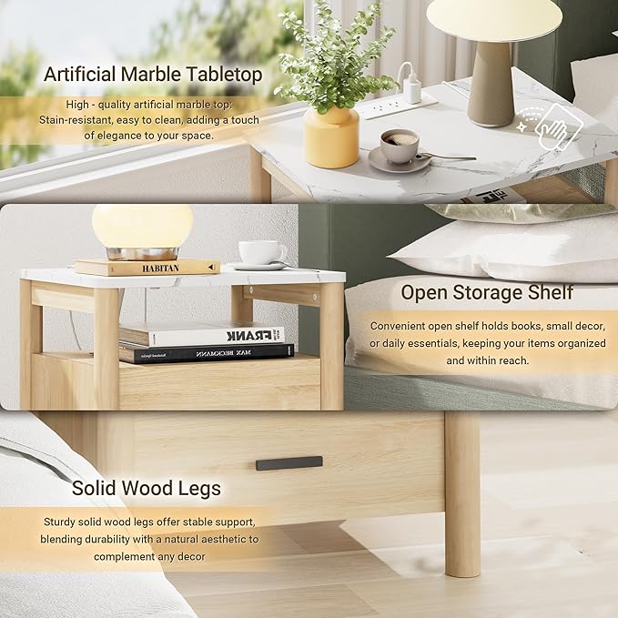 Night Stand Set of 2 with Charging Station, 2 Drawers End Table with Solid - Image 3