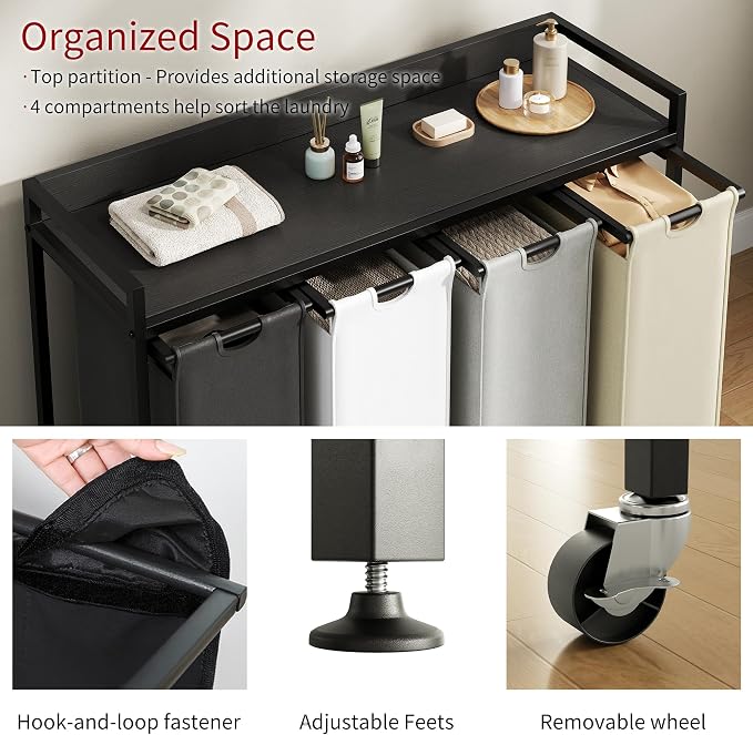 Laundry Hamper with Shelf, Laundry Basket 4 Section, Laundry Sorter with - Image 3