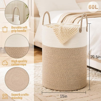 Laundry Basket, Woven Cotton Rope Laundry Hamper, 60L - Image 6