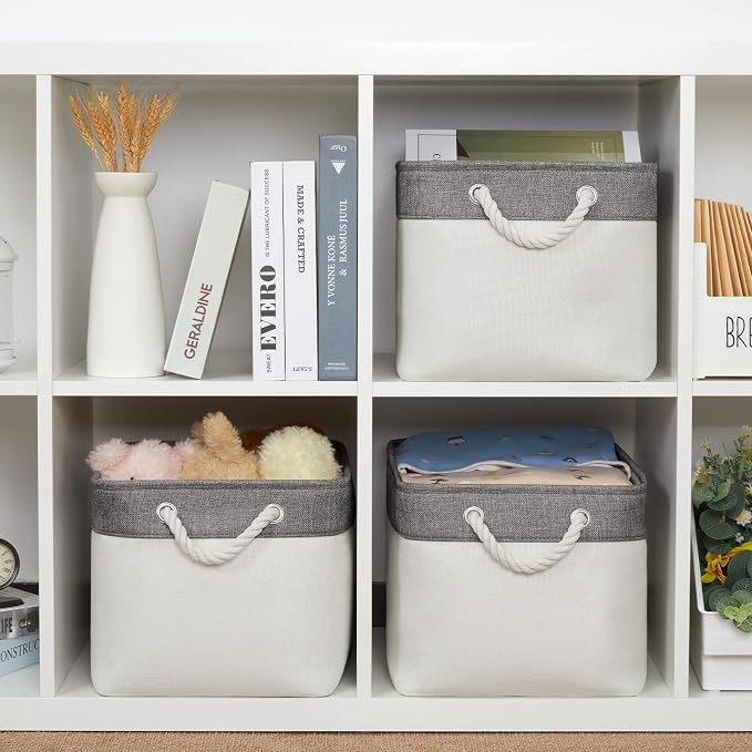 Bidtakay White Baskets with Cotton Rope Handles Decorative Storage Bins Fabric - Image 2