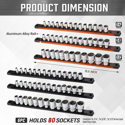 ALOANES 6-Piece Magnetic Socket Organizer, Heavy Duty Aluminum Socket Rails - Image 2