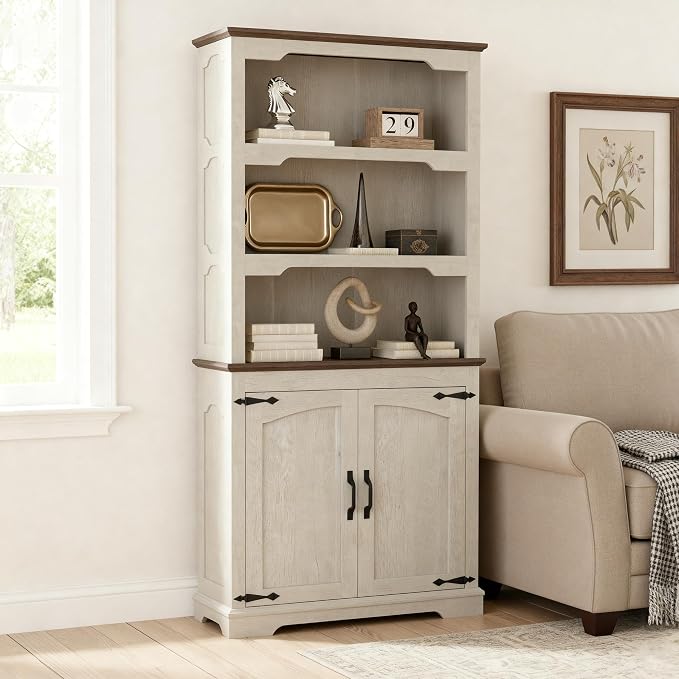 70 Inch Farmhouse Bookcase, Distressed White and Walnut Two-Tone Shelves - Image 3