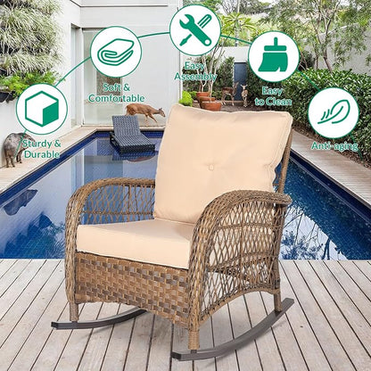 VIVIJASON 2 Piece Patio Wicker Rattan Rocker Chair, Outdoor Rattan Rocker Chair - Image 5