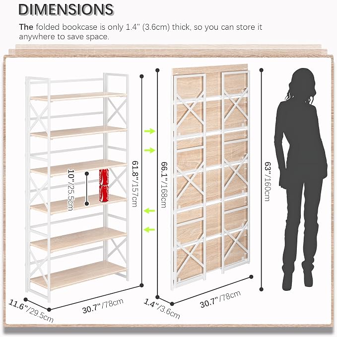 4NM Extra Wide 6 Tiers No Assembly Book Shelves, 61.8" H Folding Bookshelf - Image 2