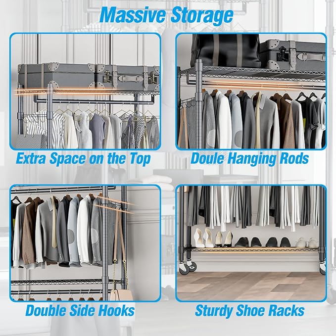 Homdox Rolling Clothes Rack Heavy Duty, 3-Tier Adjustable Wire Shelving Garment - Image 7