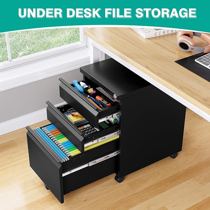 3 Drawer File Cabinet with Lock, Under Desk File Cabinet with Wheels, Three - Image 4