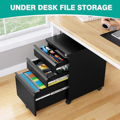 3 Drawer File Cabinet with Lock, Under Desk File Cabinet with Wheels, Three - Image 4