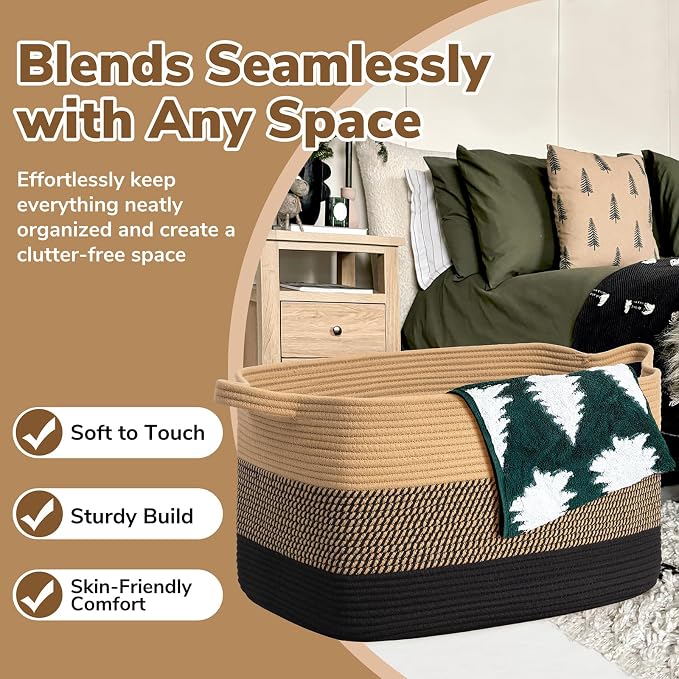 Goodpick Woven Blanket Basket, 21.6" x 14.9" x 11.8" Wicker Laundry Basket - Image 5