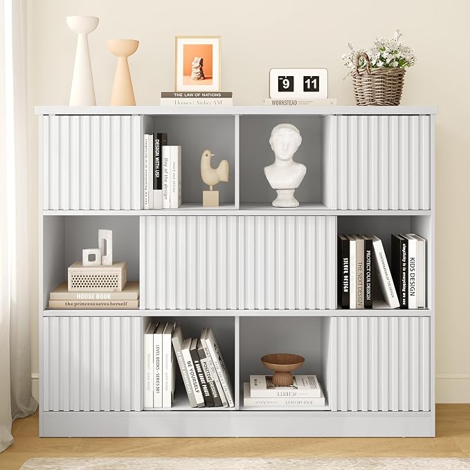 iPormis 12 Cube Bookcase with 6 Fluted Sliding Doors, 3 Tier Wooden Bookshelf by iPomis