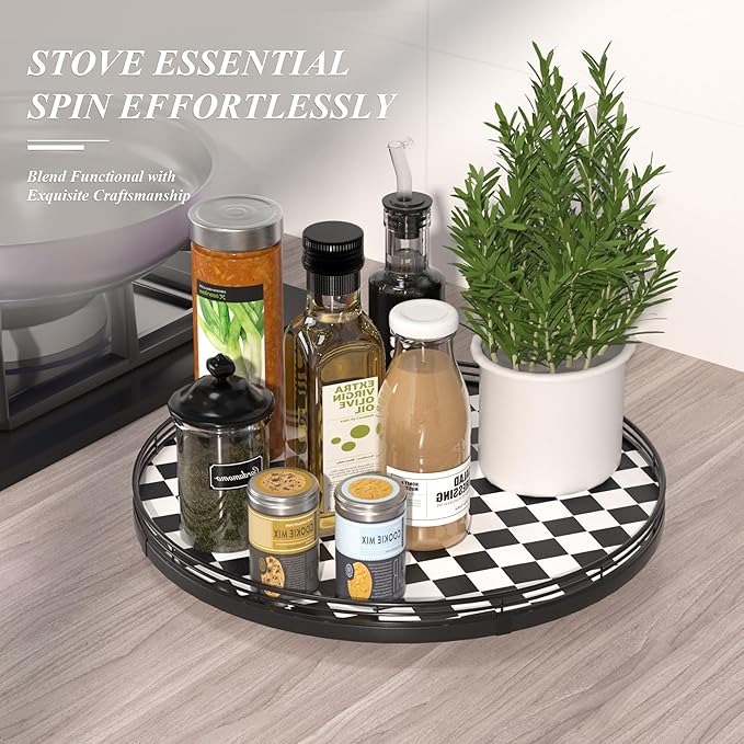 16" Black and White Kitchen Lazy Susan Turntable, Round Checkered Decorative - Image 5