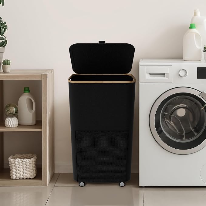 Laundry Basket with Wheels and Handle - 100L Bamboo-Fabric Laundry Hamper with - Image 7