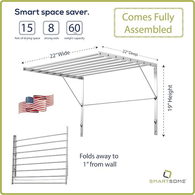 Smartsome | Wall Mounted | Clothes Drying Rack| 22" Wide |15 Linear Feet - Image 2