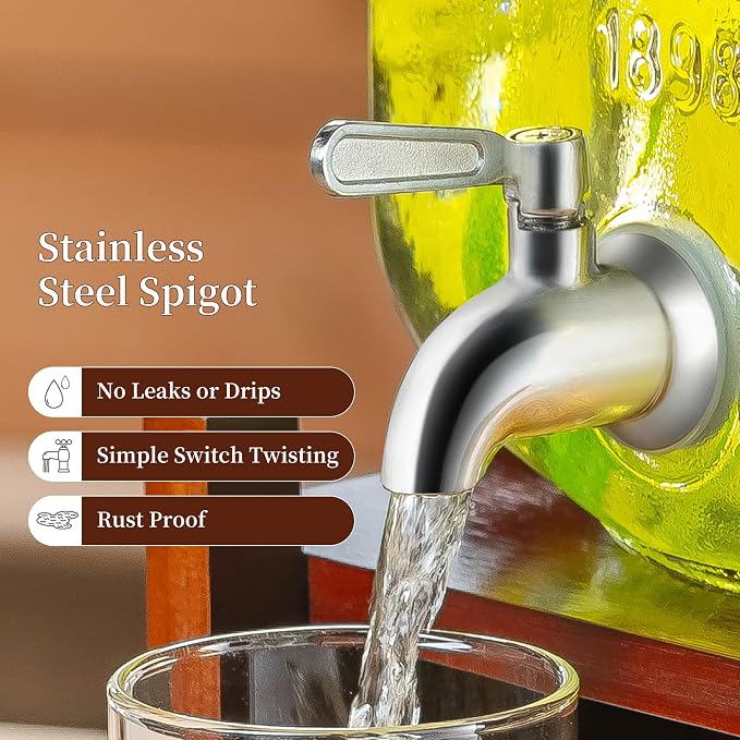 Drink Dispenser with Acacia Wood Stand and Lid, 2 Gallon Glass Beverage - Image 3