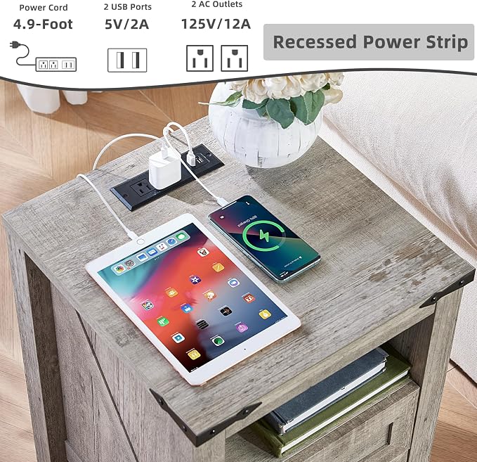 Nightstand with Charging Station and USB Port, Farmhouse Night Stand with 2 - Image 5