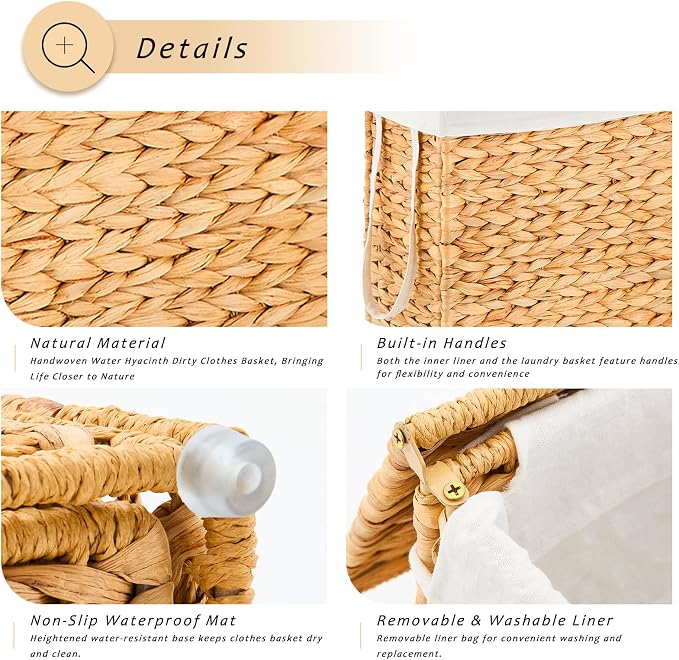 Handwoven Slim Laundry Hamper, 55L Narrow Laundry Basket, Natural Water - Image 6