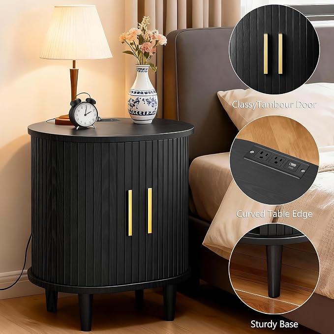 Nightstand with Charging Station, Fluted Accent Side Table with Sliding Door & - Image 5