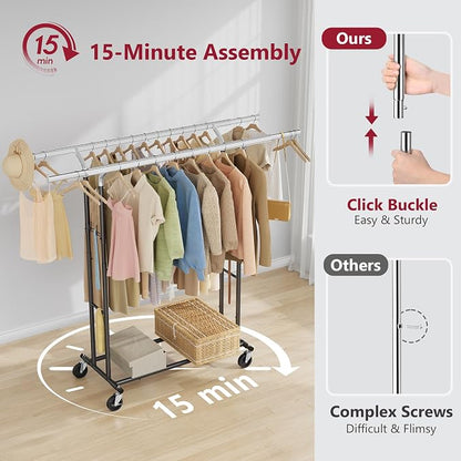 Tajsoon Double Rod Clothes Rack Load 480 LBS, Heavy Duty Rolling Garment Rack - Image 5