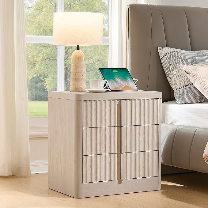 23.6" Nightstand with Charging Station, Side Table with 3 Large Storage Drawers - Image 7