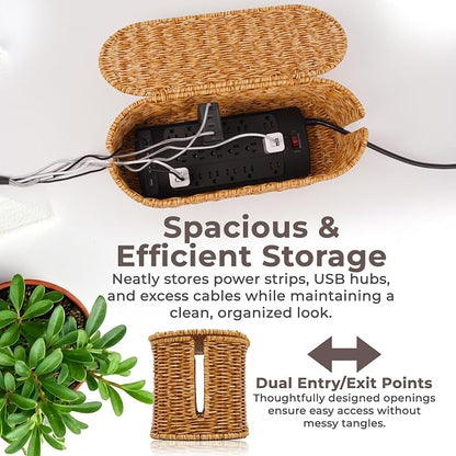Cable Management Box, Handmade Rattan Cable Organizer, 2 Open Slots Cords Hider - Image 7