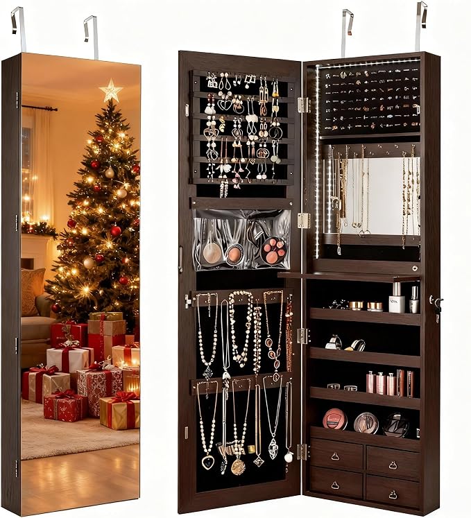 LDAILY 47” LED Jewelry Armoire, Door/Wall Mounted Mirror w/Storage, 4 Shelves by LDAILY