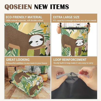 Laundry Hamper, Cute Funny Sloth Laundry Basket, Palm Leaf Waterproof Oxford - Image 2