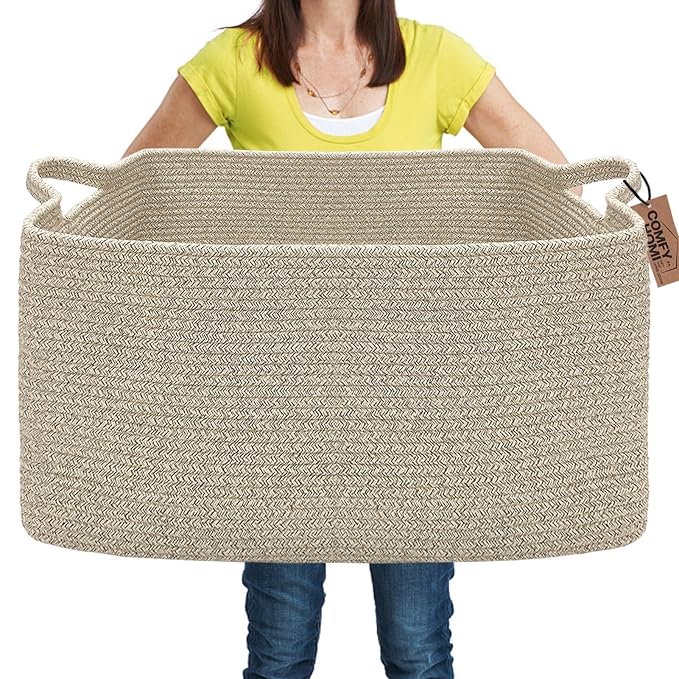 COMFY-HOMI Large Rectangular Blanket Basket, Woven Cotton Rope Baskets by COMFY-HOMI