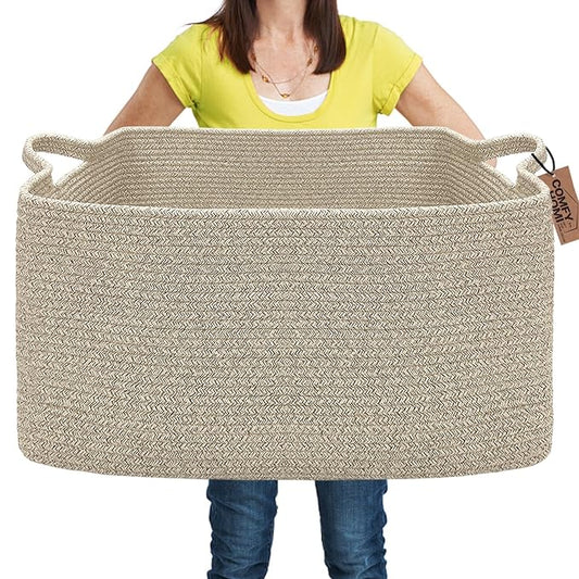 COMFY-HOMI Large Rectangular Blanket Basket, Woven Cotton Rope Baskets by COMFY-HOMI