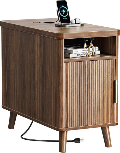 Huuger Narrow End Table with Charging Station, USB-C Port, Fluted Nightstand by Huuger