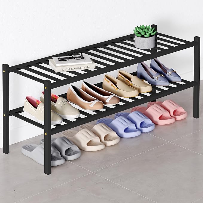 Smiry Bamboo Shoe Rack for Closet, 2 Tier Long Wooden Stackable Shoe Organizer by Smiry