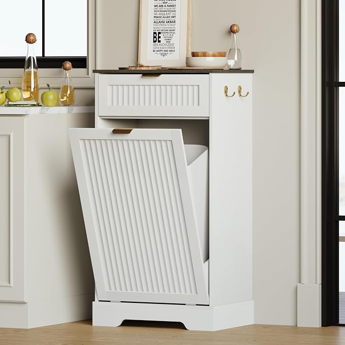 13 Gallons Tilt Out Trash Can Cabinet, Wooden Fluted Trash Garbage Can Cabinet by METOTI