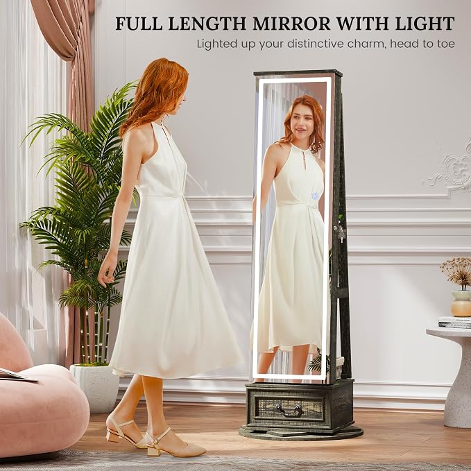 LVSOMT LED Mirror Jewelry Cabinet Standing, 360°Swivel Jewelry Armoire - Image 2