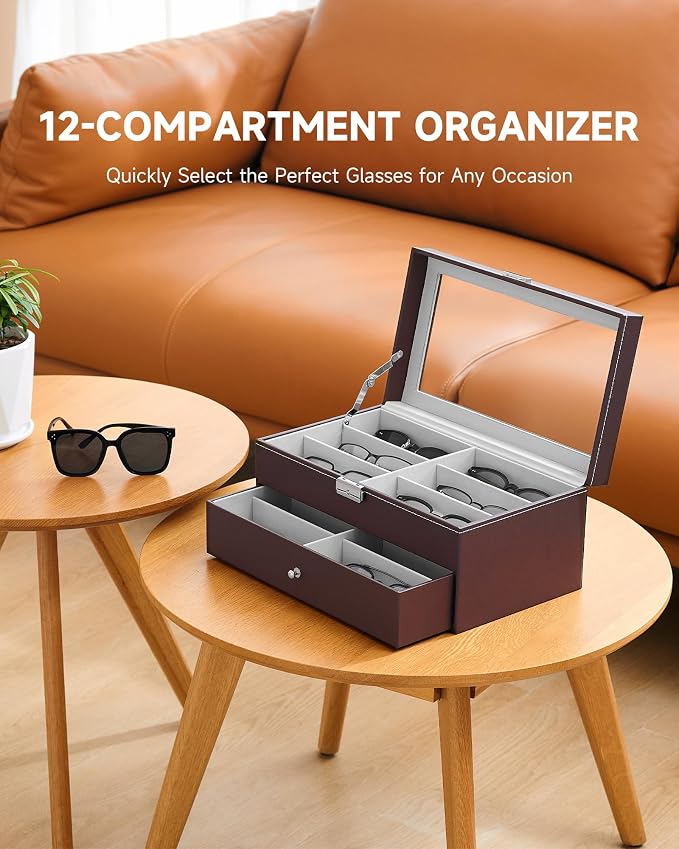 CO-Z Sunglasses Organizer with 12 Slots, Leather Eyeglasses Storage Box - Image 2