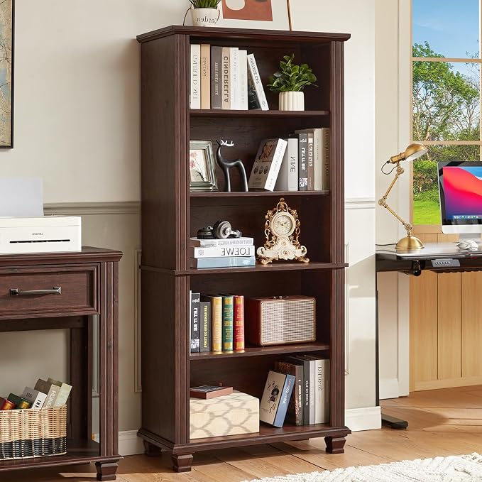 70" Tall Walnut Bookshelf, 5 Tier Wooden Book Shelf - Image 2