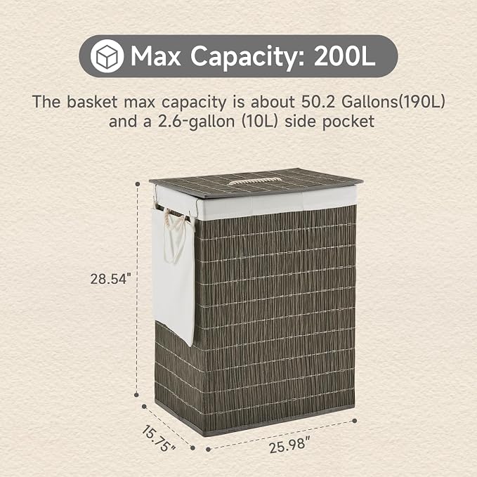 Laundry Hamper with Lid, 52.8 Gallon Large Laundry Basket 2 Removable Liner Bags - Image 4