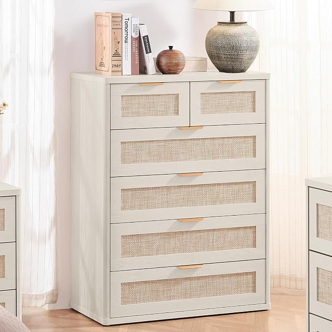 LEYAOYAO White Dresser for Bedroom, Modern 6 Drawers Boho Rattan Dressers - Image 4