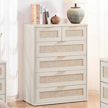 LEYAOYAO White Dresser for Bedroom, Modern 6 Drawers Boho Rattan Dressers - Image 4