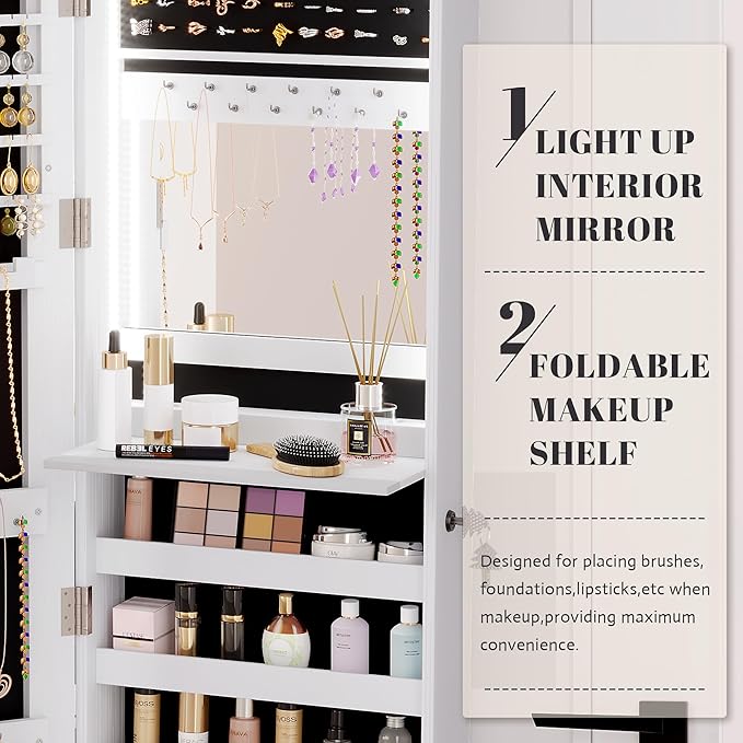 Vlsrka 47.2" LED Jewelry Mirror Cabinet, Wall/Door Mounted Jewelry Armoire - Image 5