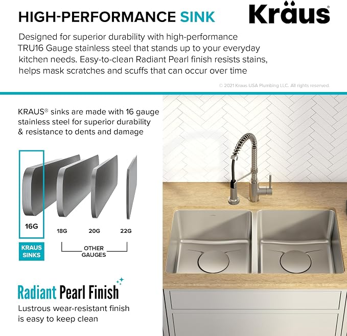KRAUS Dex 33-Inch Undermount 50/50 Double Bowl TRU16 Gauge Stainless Steel - Image 7