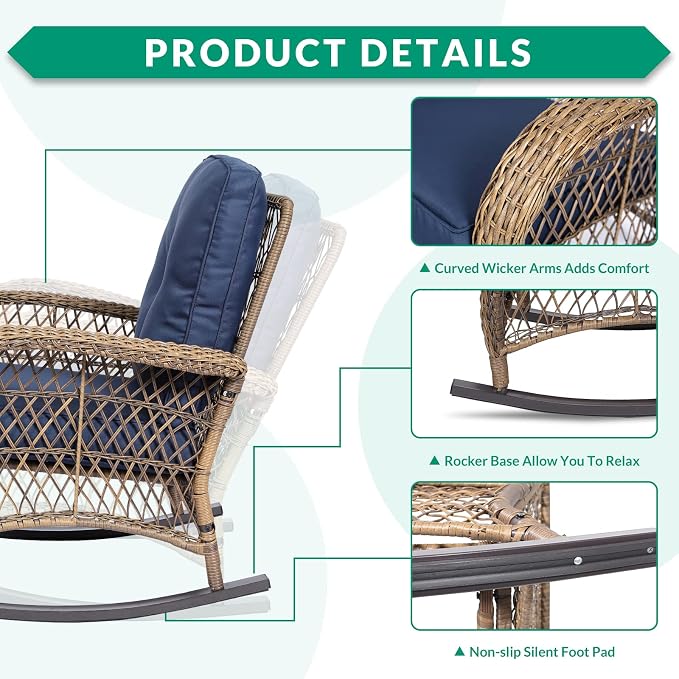 VIVIJASON 3-Piece Outdoor Conversation Bistro Set, Patio Wicker Rocking Chairs - Image 3