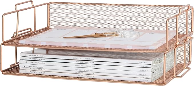 BLU MONACO Rose Gold Mesh Paper Tray – Set of 2 Stackable Letter Trays – by Blu_Monaco