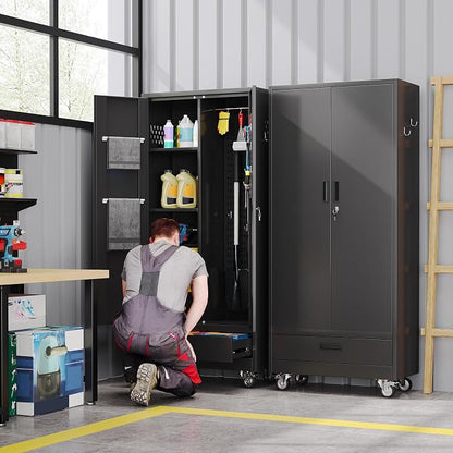 SUXXAN Broom Closet with Wheels 71"x 31.5"x15.75", Metal Cleaning Cabinets with - Image 2